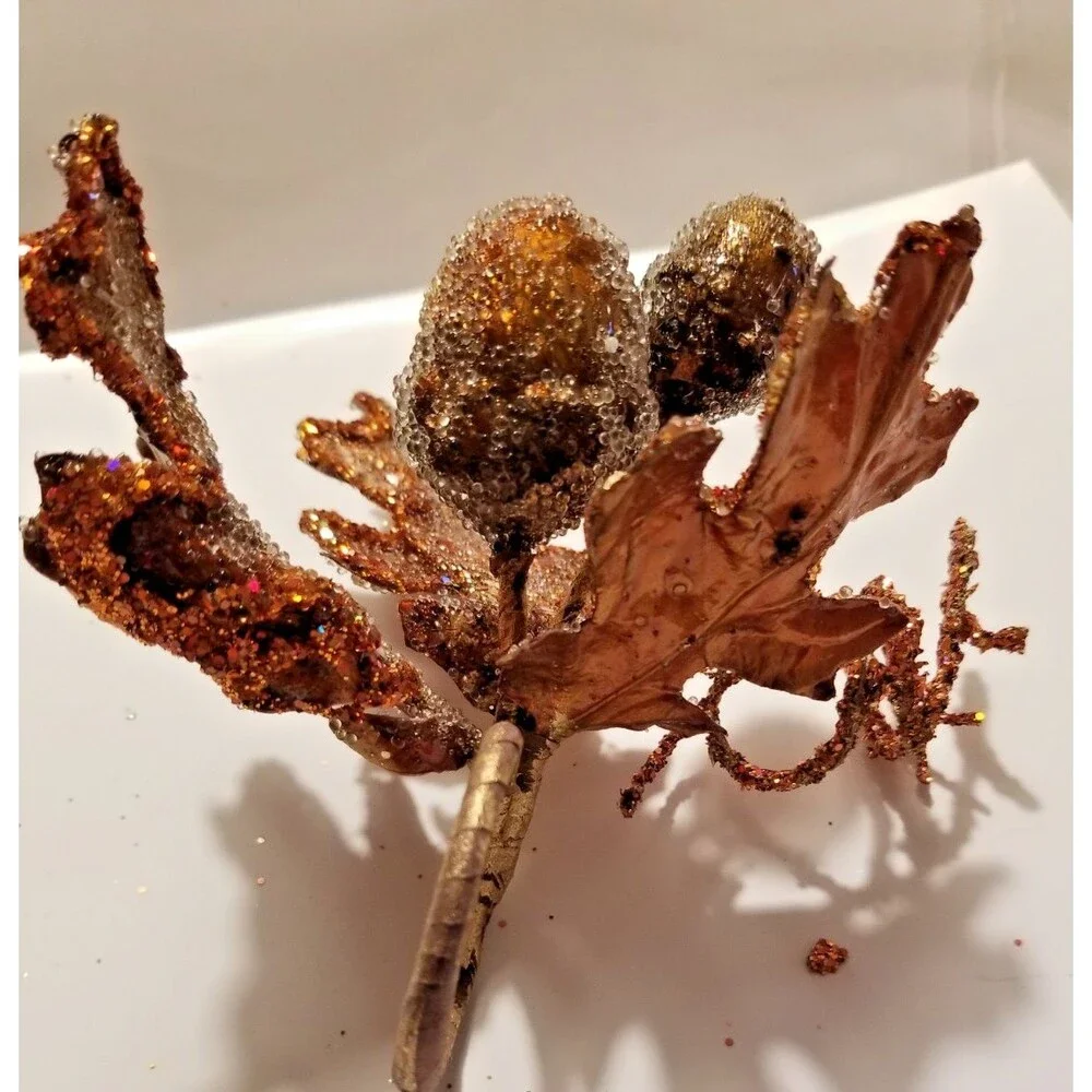 Fall Leaves & Acorn Napkin Ring Holders Set of 6 Sparkle Copper Color